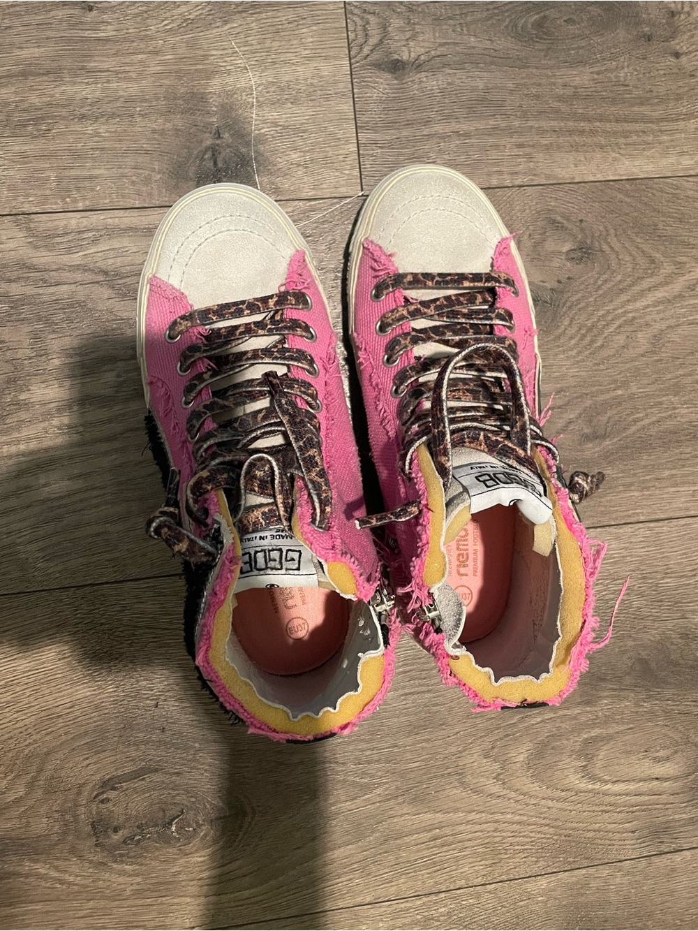 Golden Goose Pink Frayed High-Top Sneakers with Leopard Laces - Picture 5 of 6